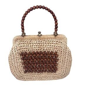 Vintage Unique Italian Boho Straw & Wood Bead Clutch Purse Satchel Handbag